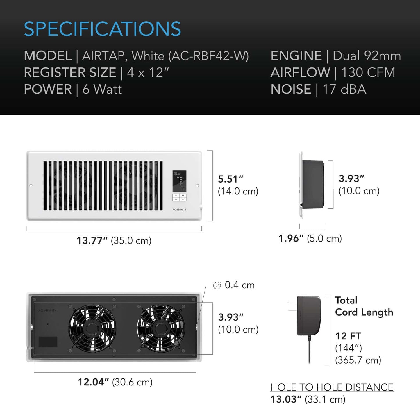 AC Infinity AIRTAP T4, Quiet Register Booster Fan System, White, for 4" x 12" Registers - Midwest Grow LLC