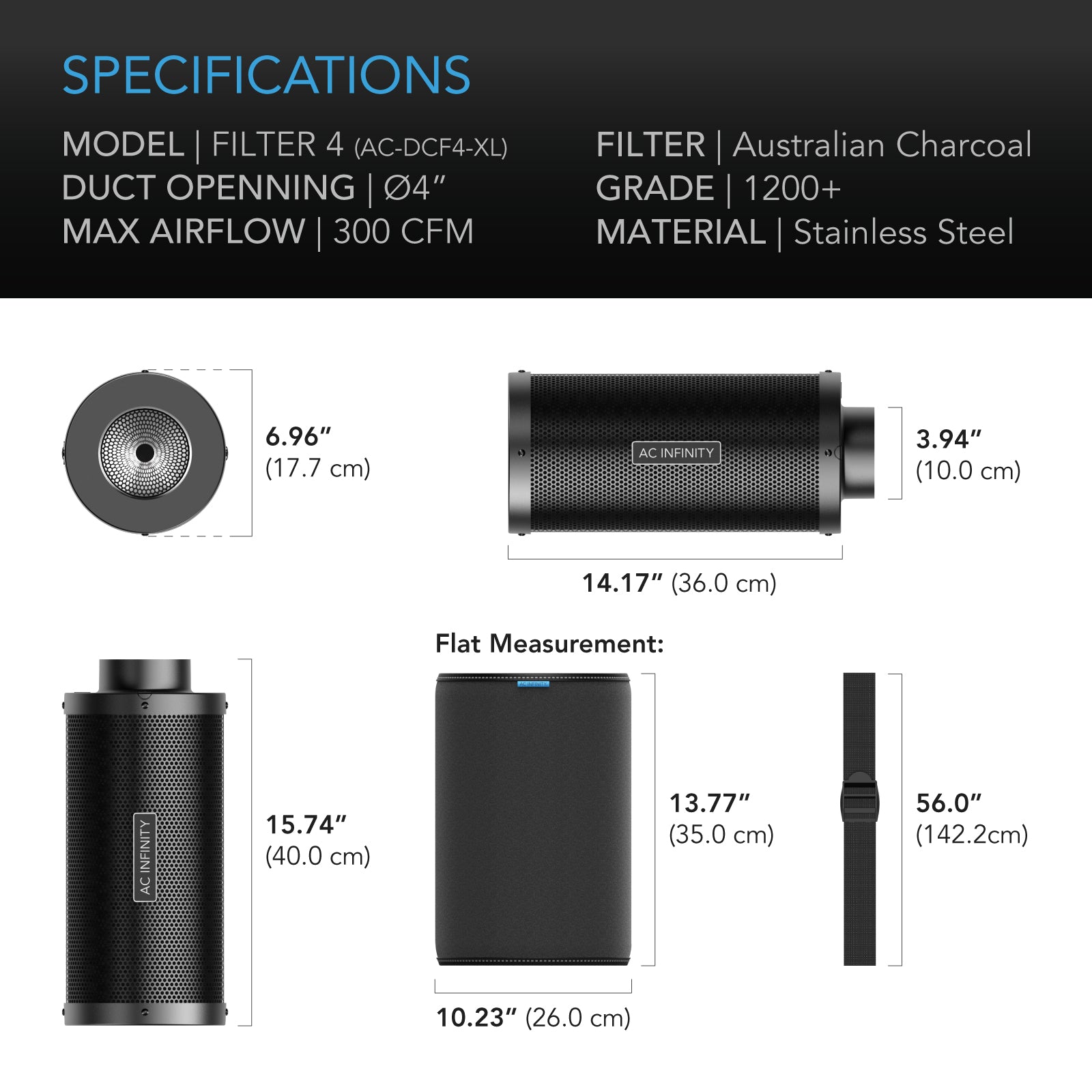 AC Infinity Duct Carbon Filter XL, Australian Charcoal, Extra Large, 4-Inch - Midwest Grow LLC