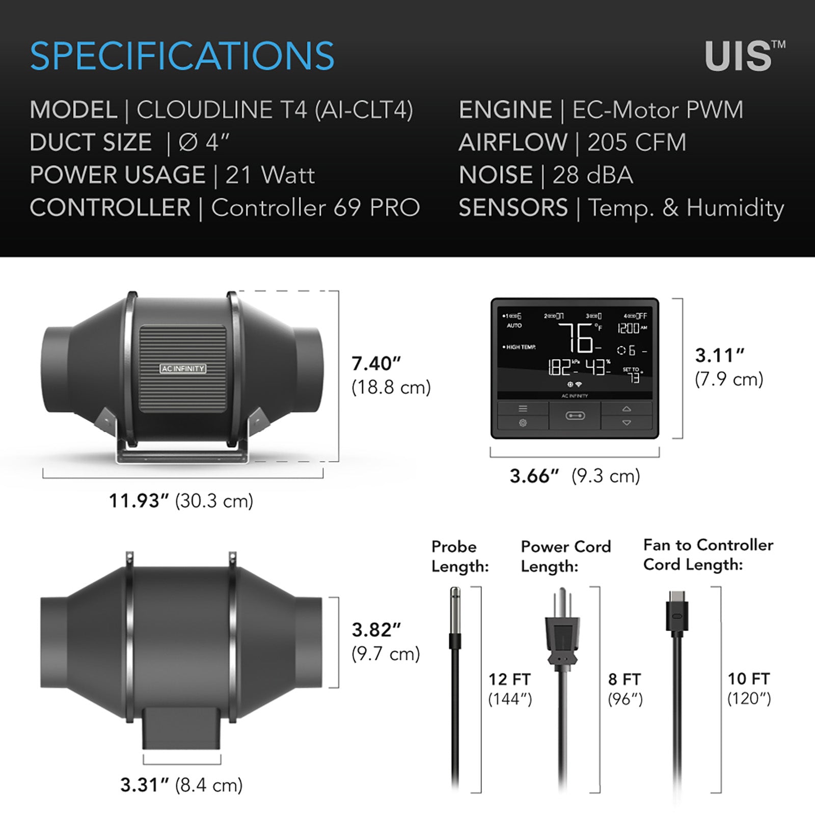 AC Infinity CLOUDLINE T4, Quiet Inline Duct Fan System with Temperature and Humidity Controller, 4-Inch - Midwest Grow LLC