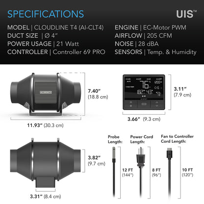 AC Infinity CLOUDLINE T4, Quiet Inline Duct Fan System with Temperature and Humidity Controller, 4-Inch - Midwest Grow LLC