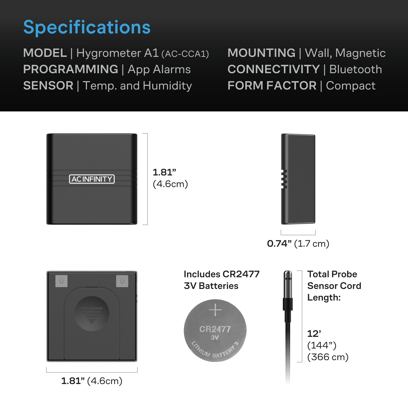 AC Infinity CLOUDCOM A1, Mini Smart Thermo-Hygrometer with Data App, 12 ft. Sensor Probe - Midwest Grow LLC