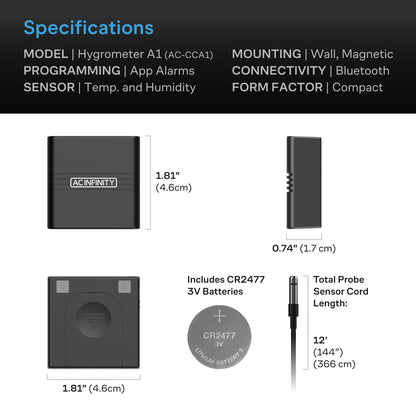 AC Infinity CLOUDCOM A1, Mini Smart Thermo-Hygrometer with Data App, 12 ft. Sensor Probe - Midwest Grow LLC