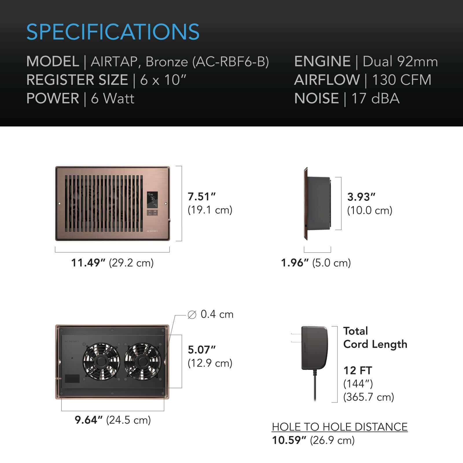 AC Infinity AIRTAP T6, Quiet Register Booster Fan System, Bronze, for 6" x 10" Registers - Midwest Grow LLC