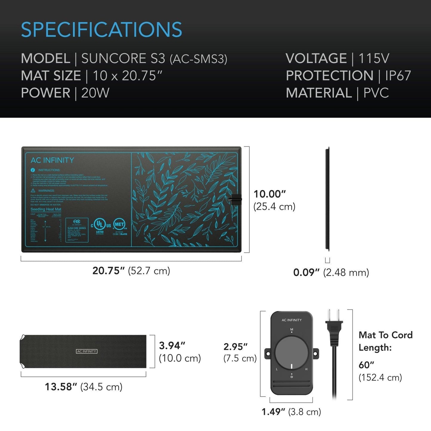 AC Infinity SUNCORE S3, Seedling Heat Mat with Heat Controller, IP-67 Waterproof, 10" x 20.75" - Midwest Grow LLC