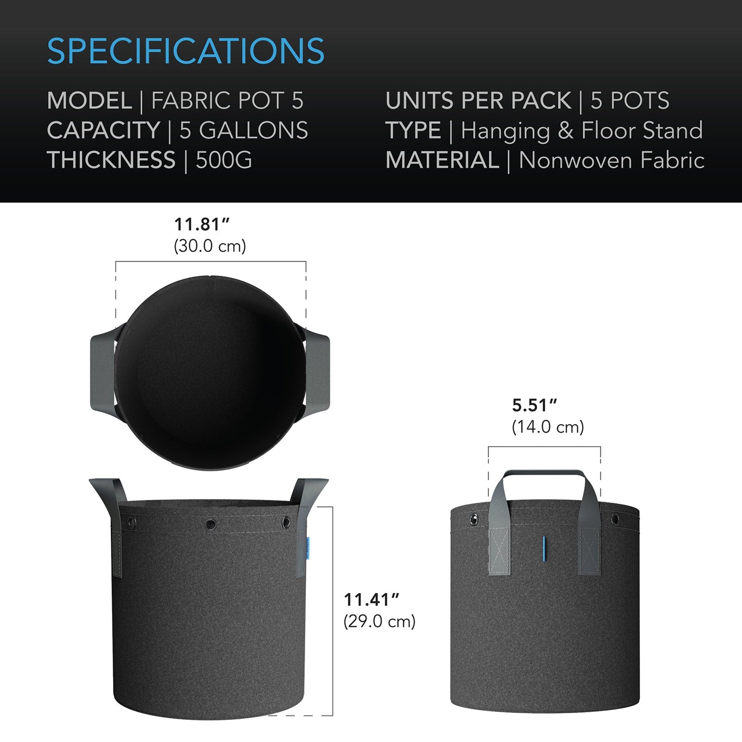 AC Infinity Heavy Duty Fabric Pots, 5 Gallon, 5-Pack - Midwest Grow LLC