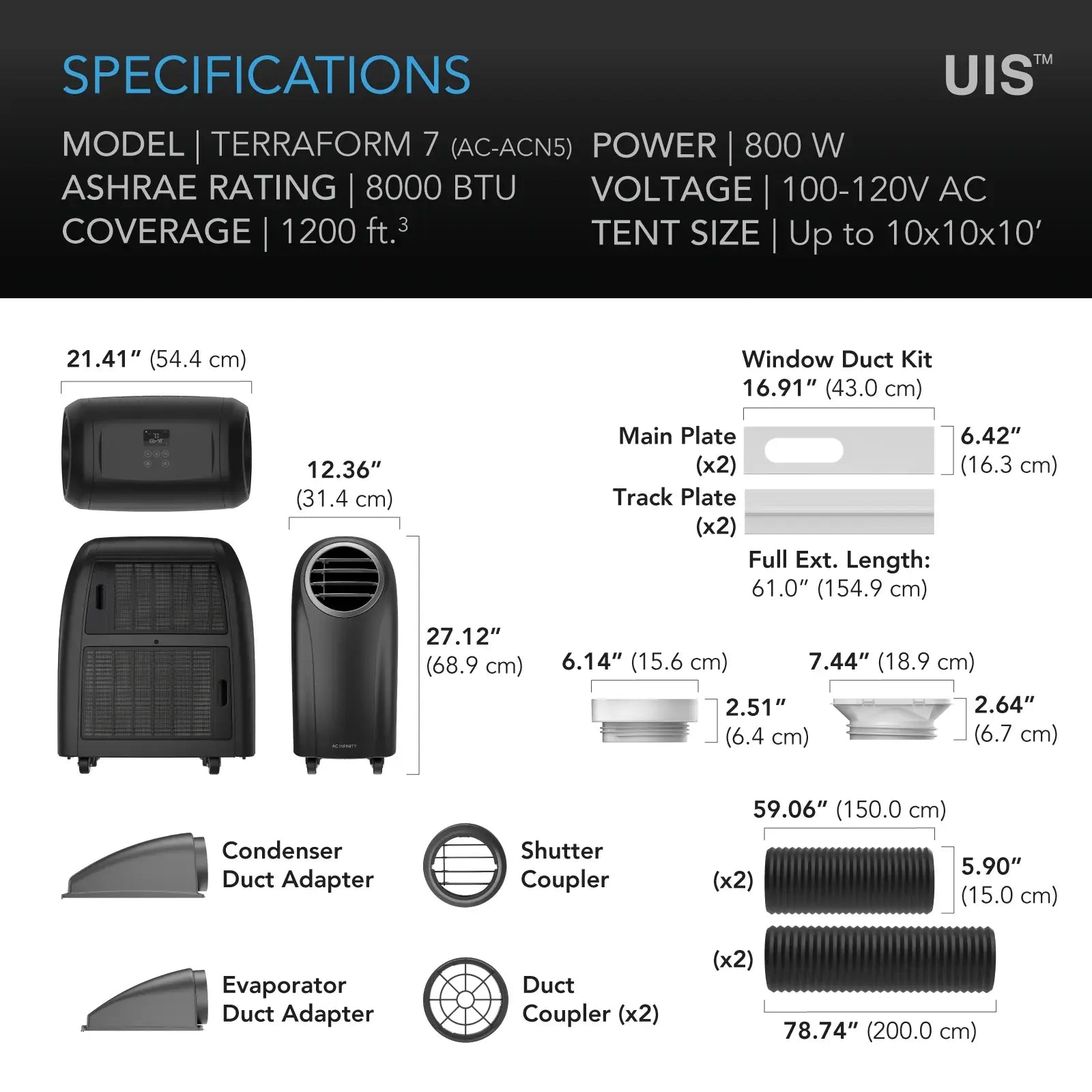 AC Infinity TERRAFORM 7, Multi-Functional Air Conditioner, with Heater, Dehumidifier, and Circulator, VPD Controller, 4-Way Ducting for Grow Tents, 8000 BTU - Midwest Grow LLC