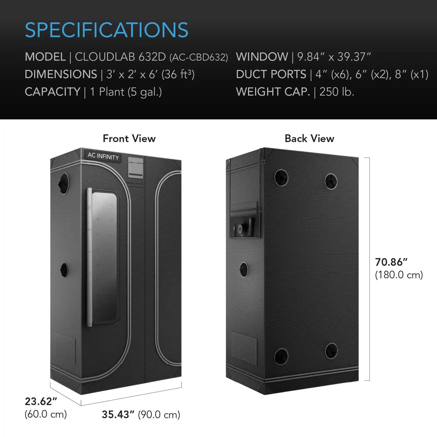 AC Infinity CLOUDLAB 632D, 2-in-1 Advance Grow Tent 3x2, 2000D Mylar Canvas, 36" x 24" x 60" - Midwest Grow LLC