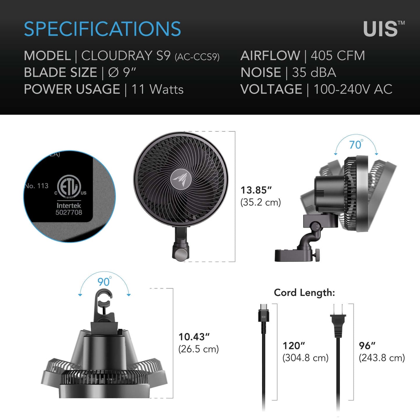 AC Infinity CLOUDRAY S9, Gen 2 Grow Tent Clip Fan 9” with Long-Life EC Motor, 10-Level Dynamic Wind Modes & Fan Speeds, 10-Level Auto Oscillation - Midwest Grow LLC