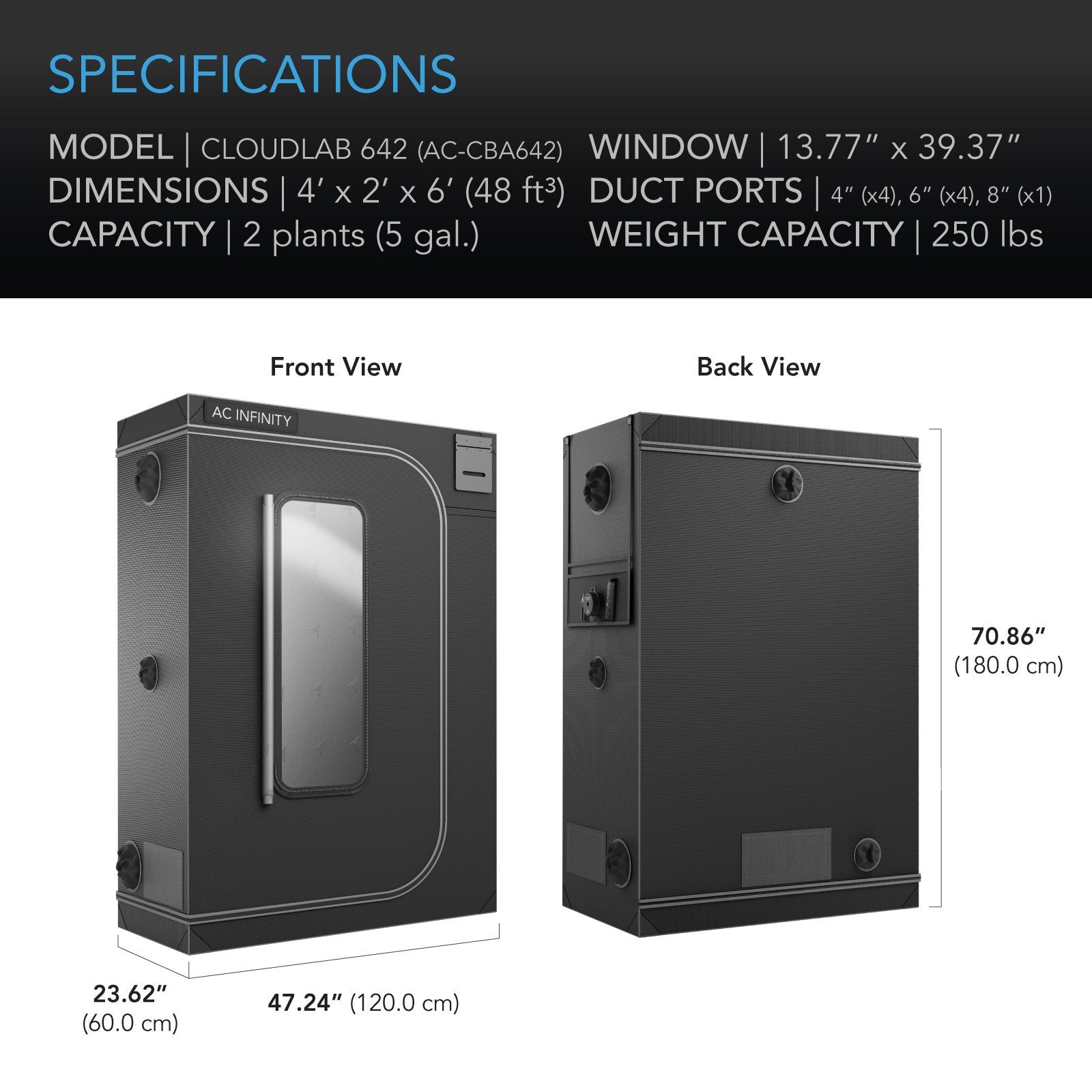 AC Infinity CLOUDLAB 642, Advance Grow Tent 4x2, 2000D Diamond Mylar Canvas, 48" x 24" x 72" - Midwest Grow LLC