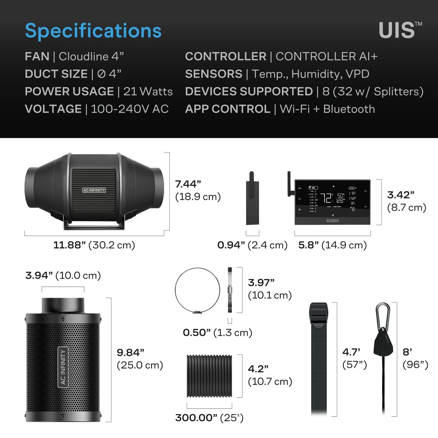 AC Infinity Air Filtration Kit PRO 4", Inline Fan with Smart Controller, Carbon Filter & Ducting Combo