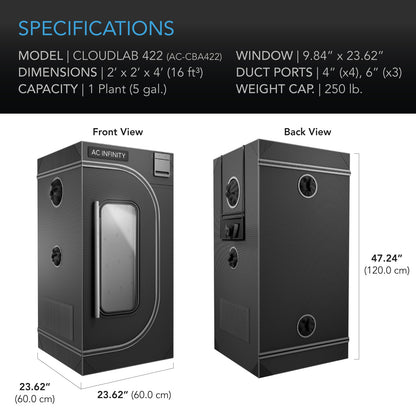 AC Infinity CLOUDLAB 422, Advance Grow Tent 2x2, 2000D Diamond Mylar Canvas, 24" x 24" x 48" - Midwest Grow LLC