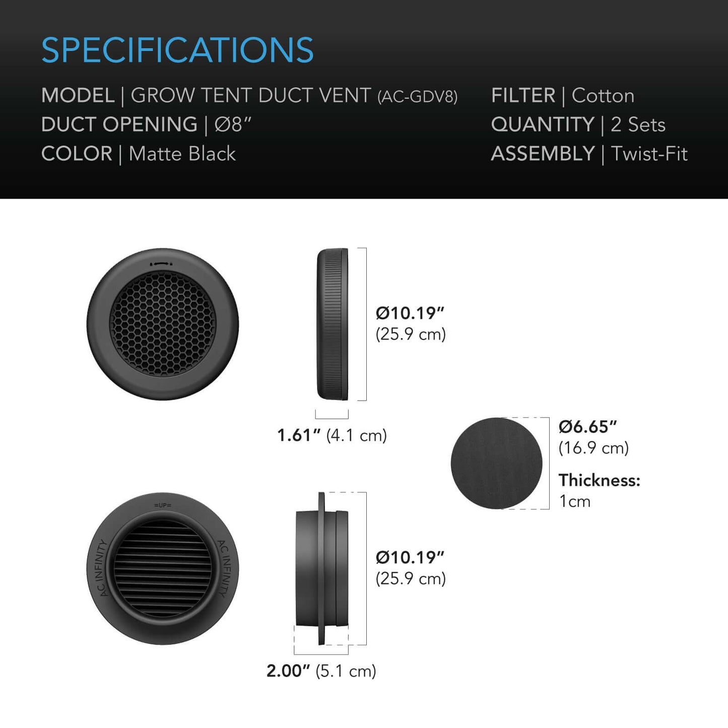 AC Infinity Grow Tent Duct Vent Attachment, 8-Inch 2 Pack, Light-Blocking & Dust-Resistant - Midwest Grow LLC