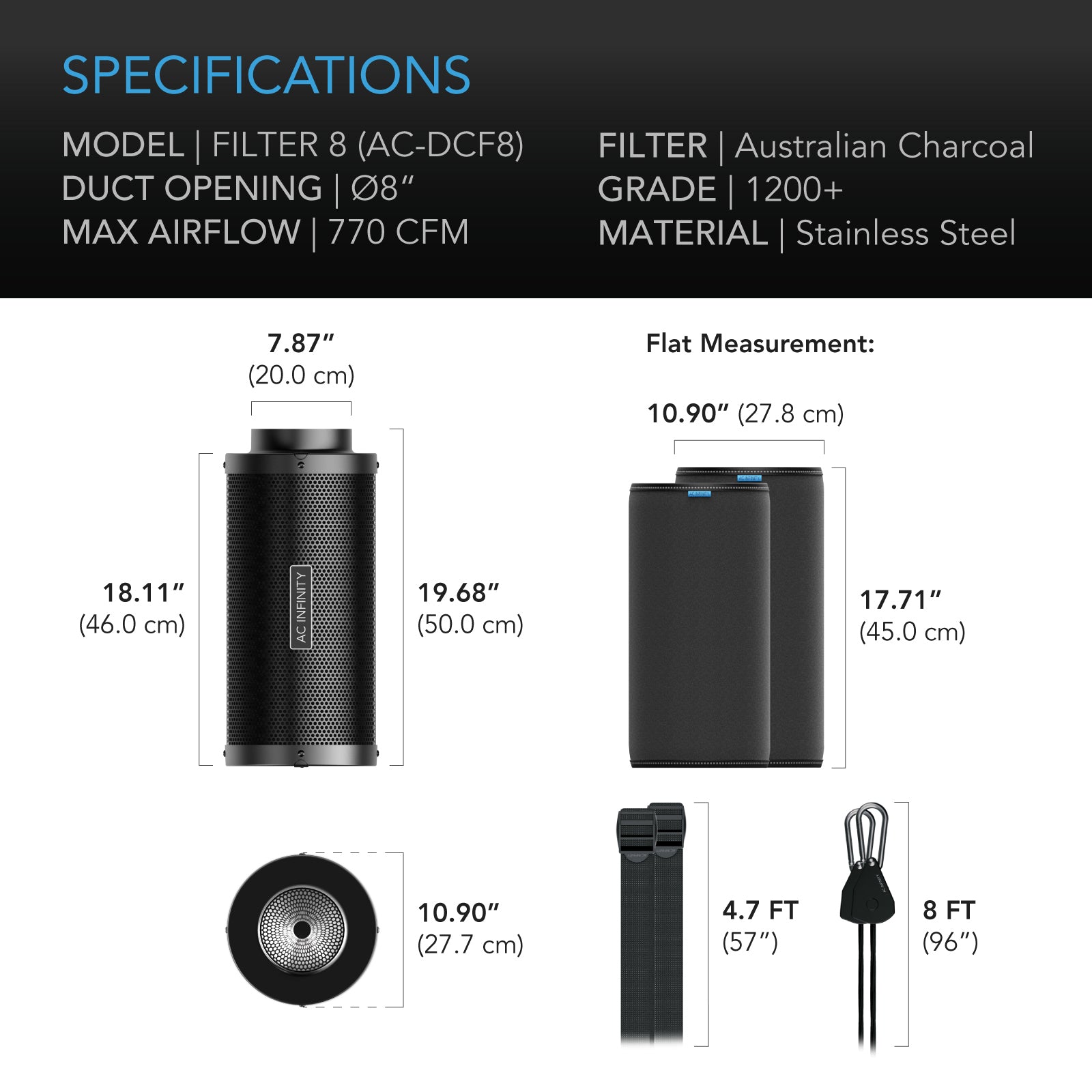 AC Infinity Duct Carbon Filter, Australian Charcoal, 8-Inch - Midwest Grow LLC