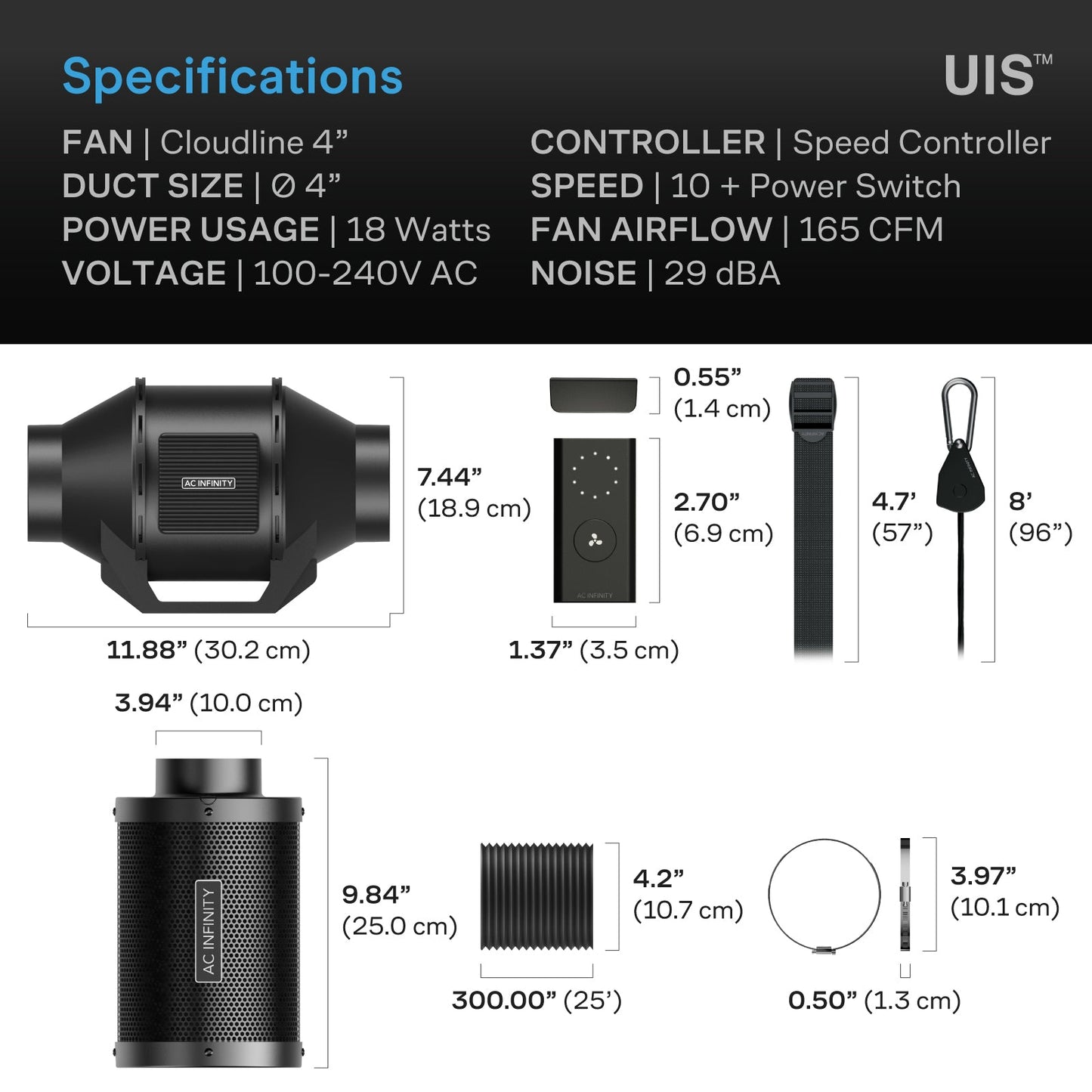 AC Infinity Air Filtration Kit 4", Inline Fan with Speed Controller, Carbon Filter & Ducting Combo - Midwest Grow LLC