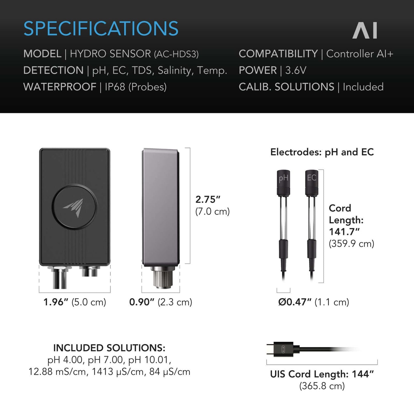 AC Infinity Hydro Sensor for Controller AI+, Precise pH, EC, TDS and Water Temp Data Tracking, Enables Equipment Control Programming - Midwest Grow LLC