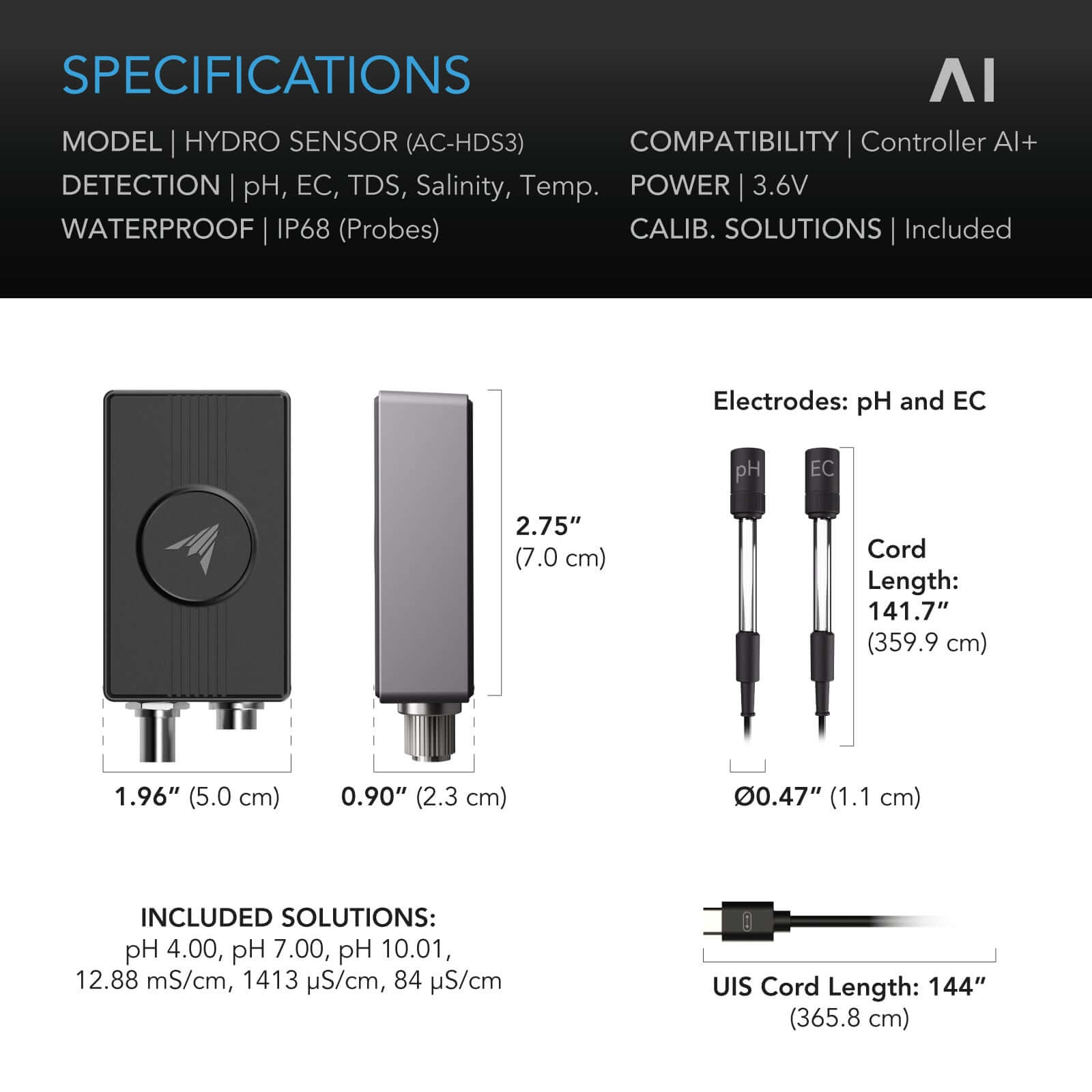 AC Infinity Hydro Sensor for Controller AI+, Precise pH, EC, TDS and Water Temp Data Tracking, Enables Equipment Control Programming - Midwest Grow LLC