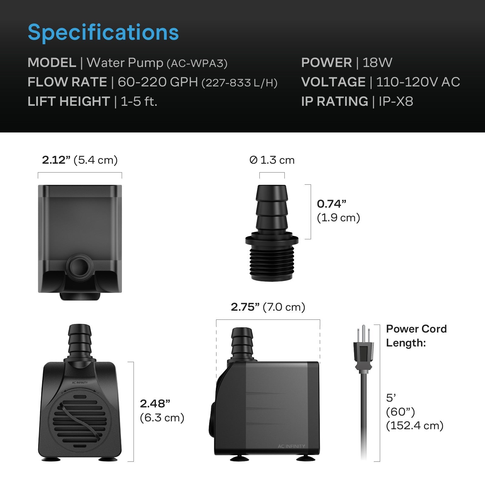 AC Infinity Submersible Water Pump, 5-Feet Lift Height, 211 GPH (800 L/H) - Midwest Grow LLC