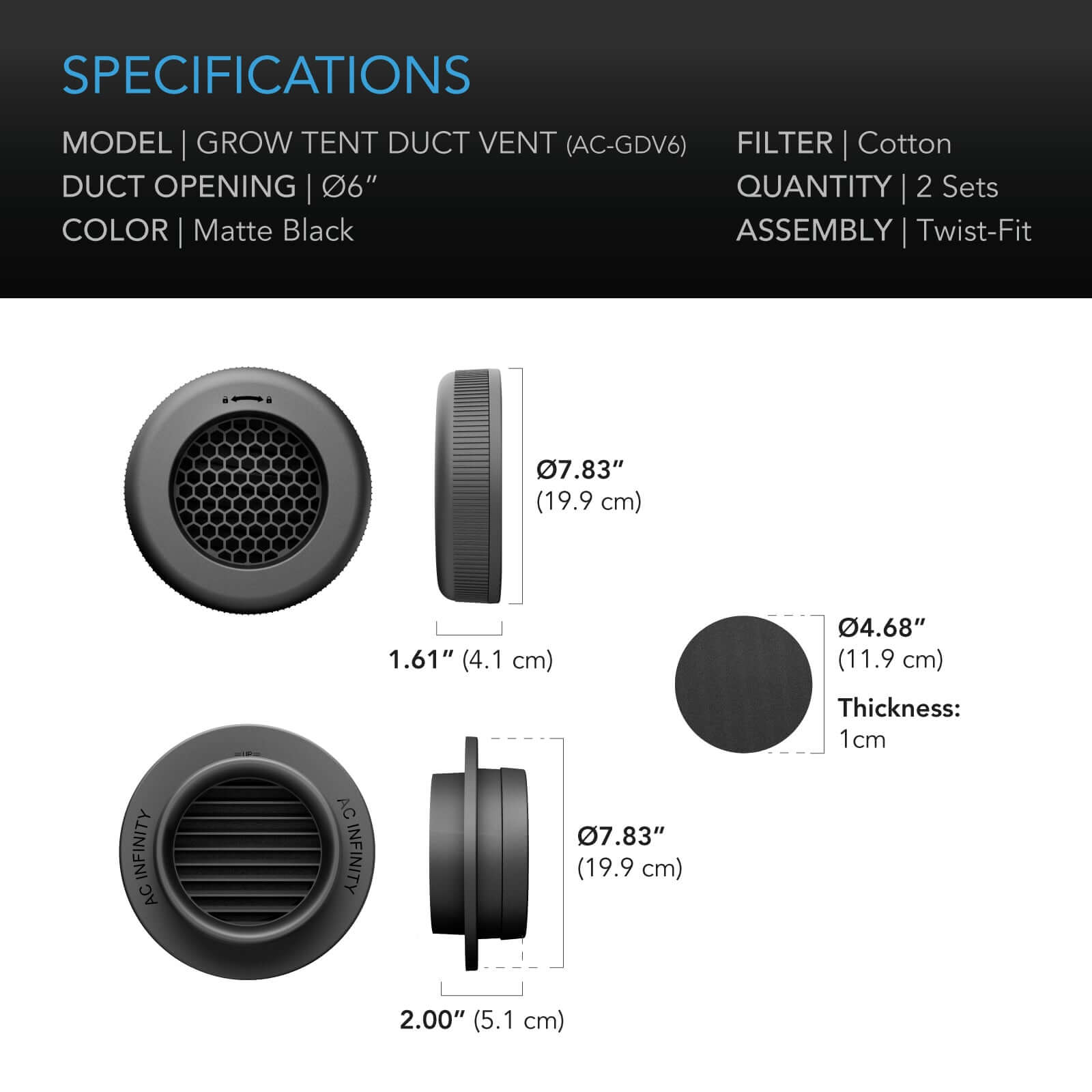AC Infinity Grow Tent Duct Vent Attachment, 6-Inch 2 Pack, Light-Blocking & Dust-Resistant - Midwest Grow LLC