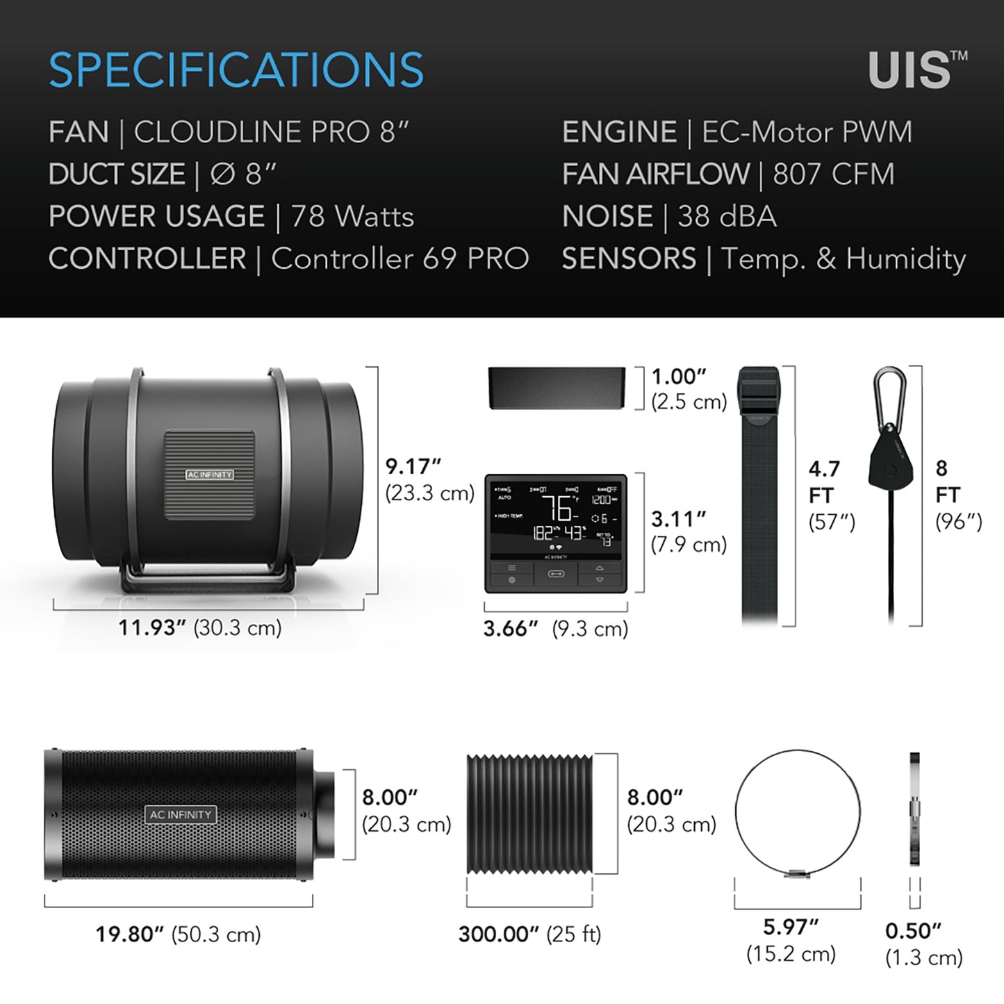AC Infinity Air Filtration Kit PRO 8", Inline Fan with Smart Controller, Carbon Filter & Ducting Combo - Midwest Grow LLC