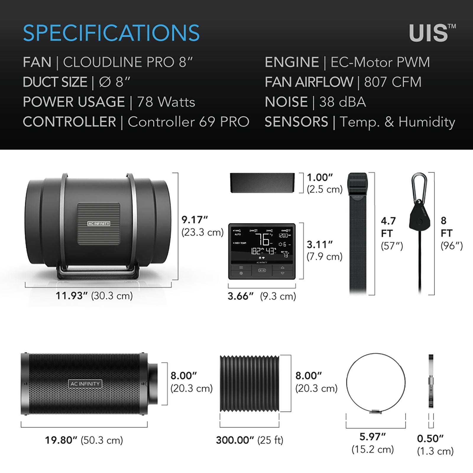 AC Infinity Air Filtration Kit PRO 8", Inline Fan with Smart Controller, Carbon Filter & Ducting Combo - Midwest Grow LLC