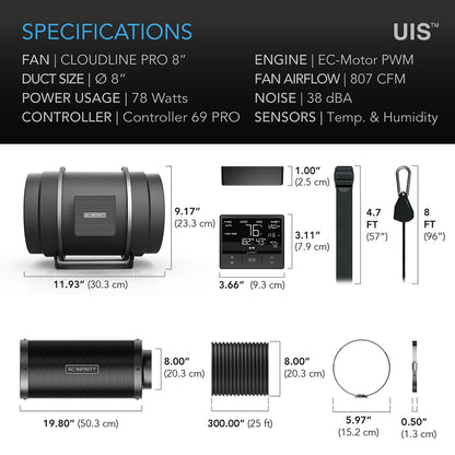 AC Infinity Air Filtration Kit PRO 8", Inline Fan with Smart Controller, Carbon Filter & Ducting Combo - Midwest Grow LLC