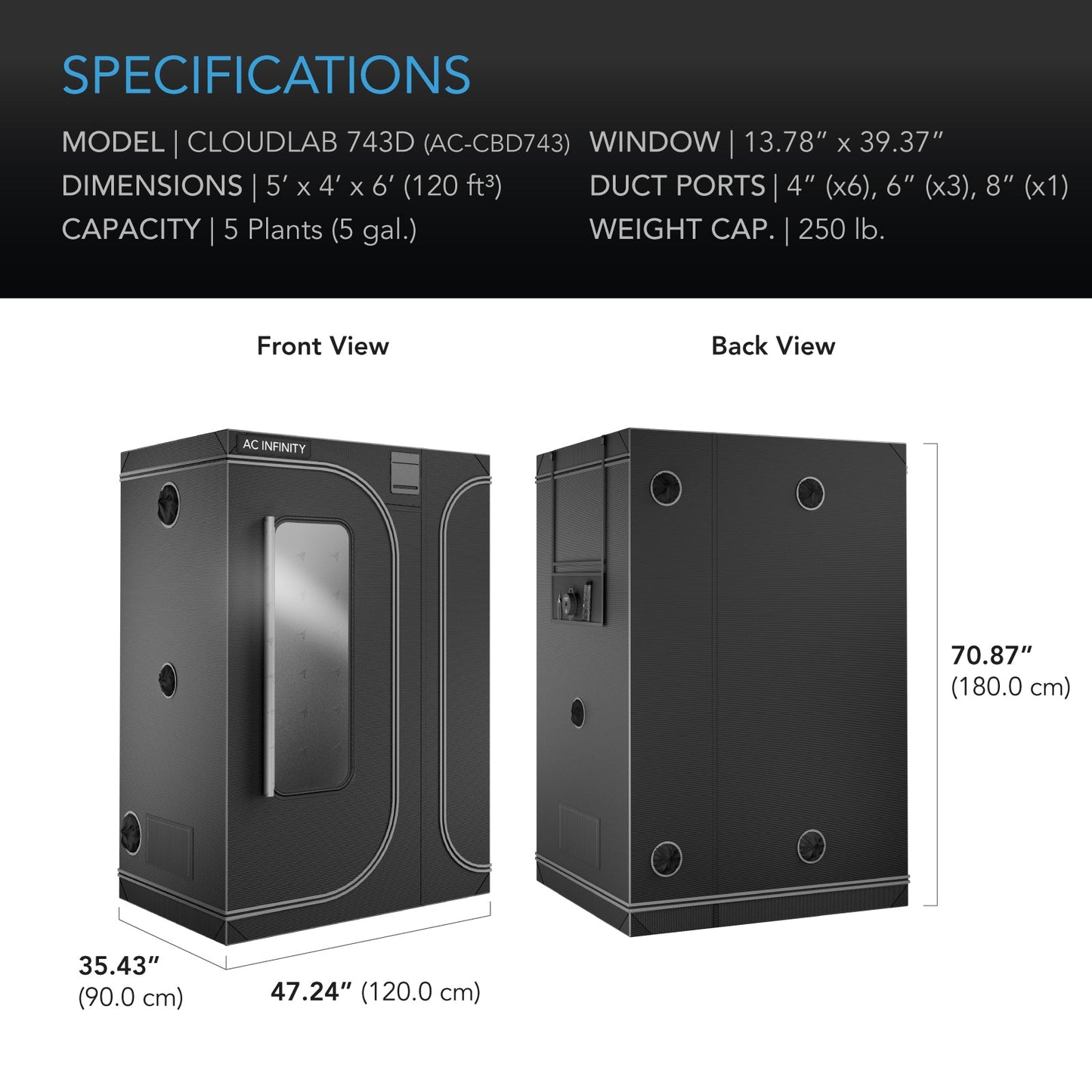 AC Infinity CLOUDLAB 743D, 2-in-1 Advance Grow Tent 4x3, 2000D Mylar Canvas, 48" x 36" x 72" - Midwest Grow LLC
