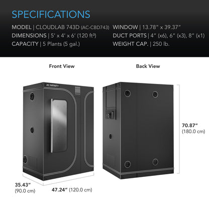 AC Infinity CLOUDLAB 743D, 2-in-1 Advance Grow Tent 4x3, 2000D Mylar Canvas, 48" x 36" x 72" - Midwest Grow LLC