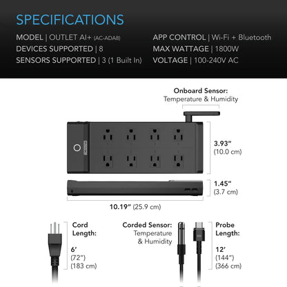 AC Infinity OUTLET AI+ Environment Controller, Smart WiFi Outlets, Dual-Zone Temperature Humidity, AI Targeting, Dynamic ON/OFF Programming, Expandable Sensors, Individual Control 8-Plugs, 1800W - Midwest Grow LLC