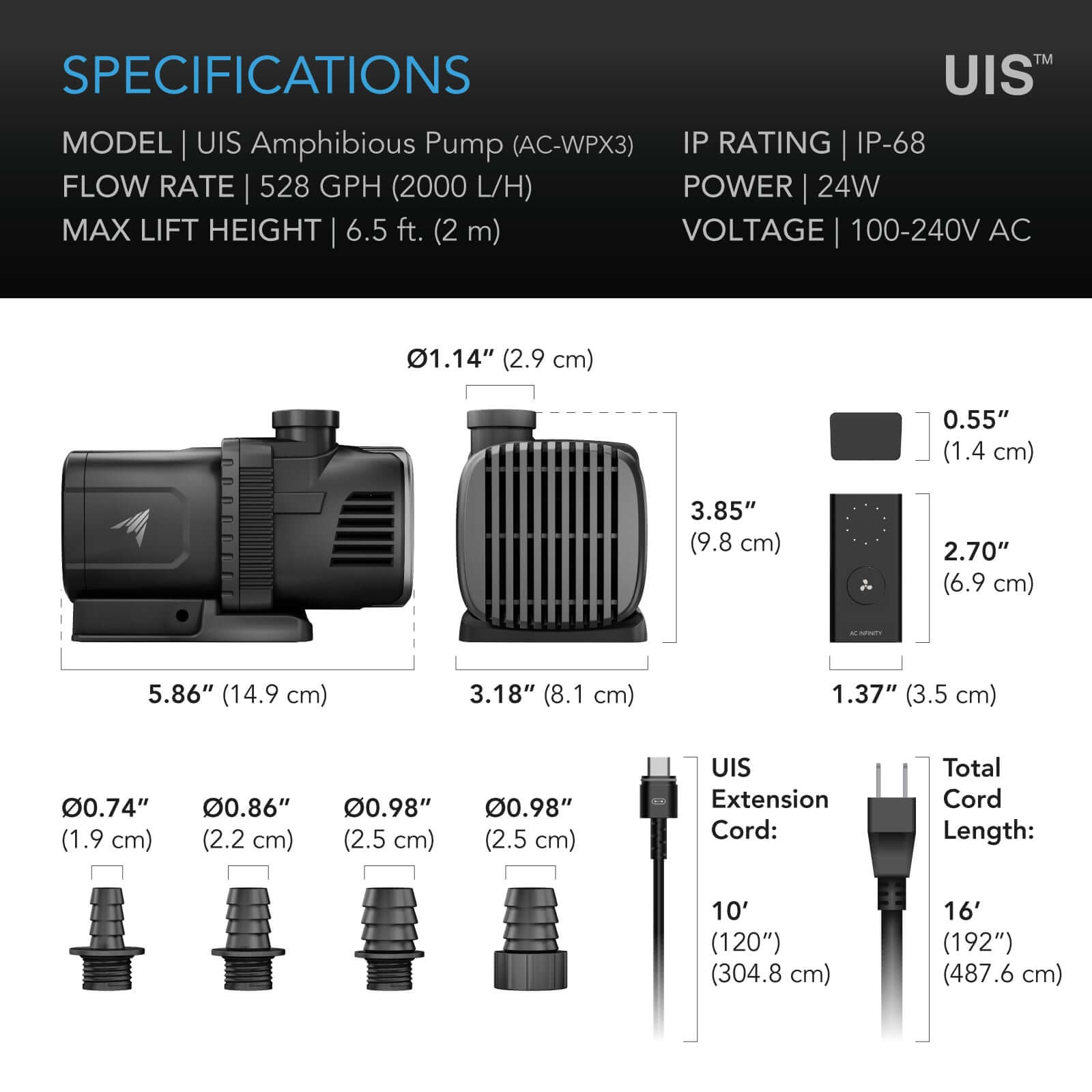 AC Infinity UIS Amphibious Pump 24W, 10-Speed Precision DC Motor, 6-Feet Lift Height, 528 GPH (2000 L/H) for Submersible / Inline Use - Midwest Grow LLC