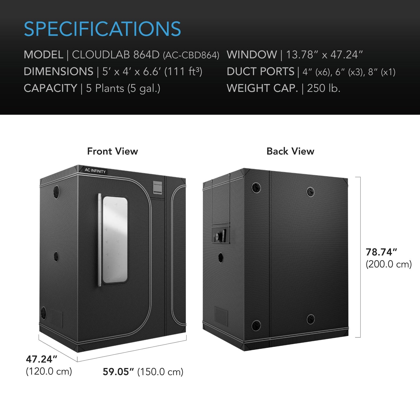 AC Infinity CLOUDLAB 864D, 2-in-1 Advance Grow Tent 5x4, 2000D Mylar Canvas, 60" x 48" x 80" - Midwest Grow LLC