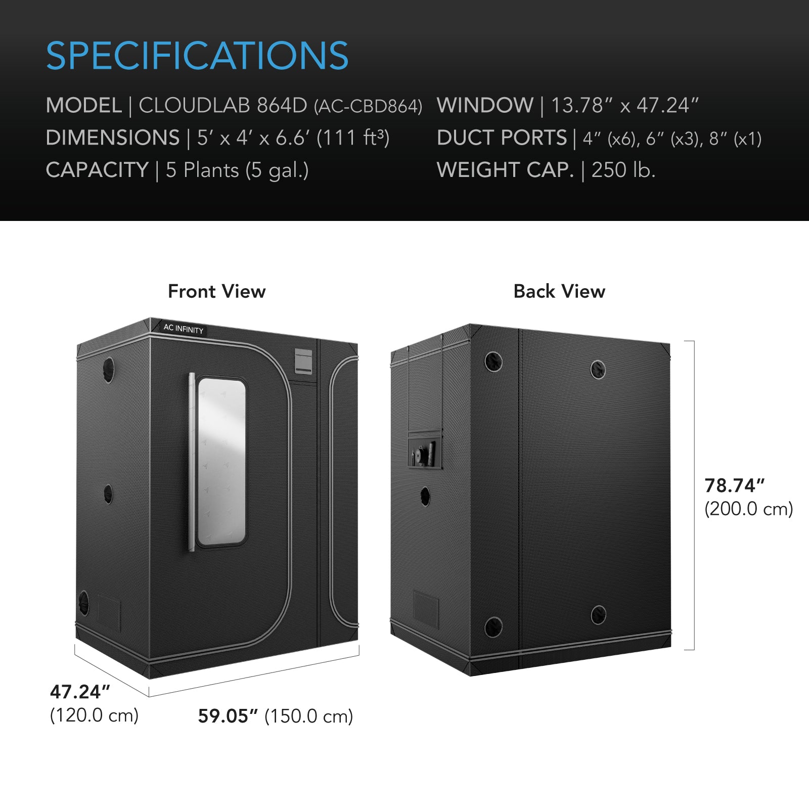 AC Infinity CLOUDLAB 864D, 2-in-1 Advance Grow Tent 5x4, 2000D Mylar Canvas, 60" x 48" x 80" - Midwest Grow LLC