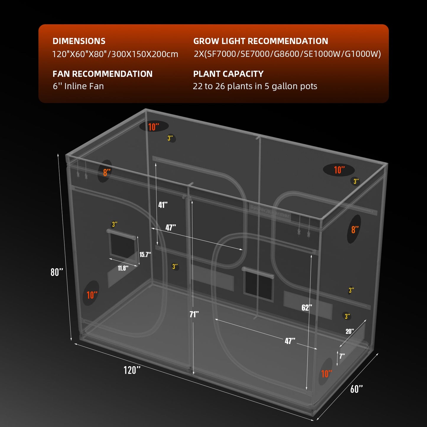 Spider Farmer 5' x 10' x 6' 8" (150 x 300 x 200 cm) Indoor Grow Tent - Midwest Grow LLC