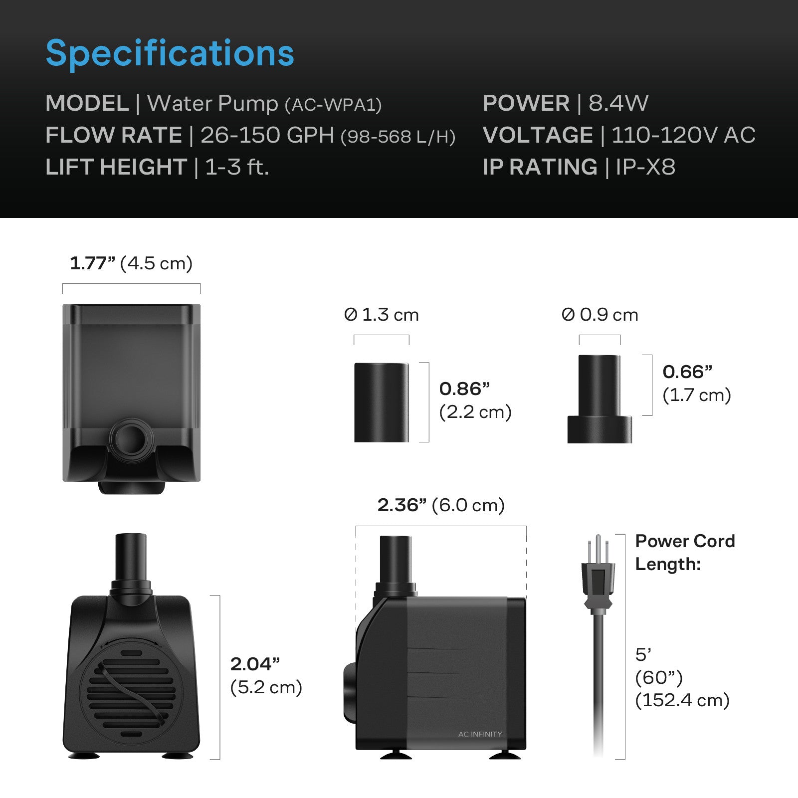 AC Infinity Submersible Water Pump, 3-Feet Lift Height, 132 GPH (500 L/H) - Midwest Grow LLC