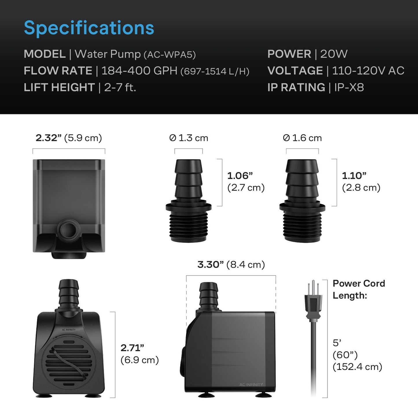 AC Infinity Submersible Water Pump, 5-Feet Lift Height, 396 GPH (1500 L/H) - Midwest Grow LLC