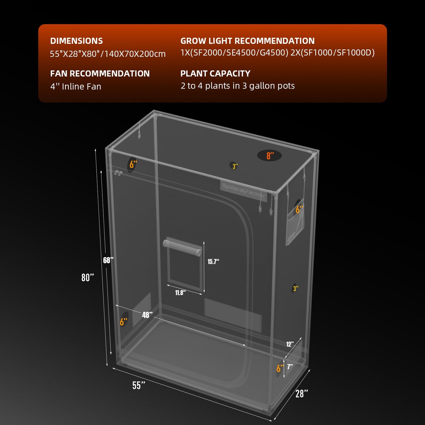 Spider Farmer 4' 8" x 2' 4" x 6' 8" (140 x 70 x 200 cm) Indoor Grow Tent - Midwest Grow LLC