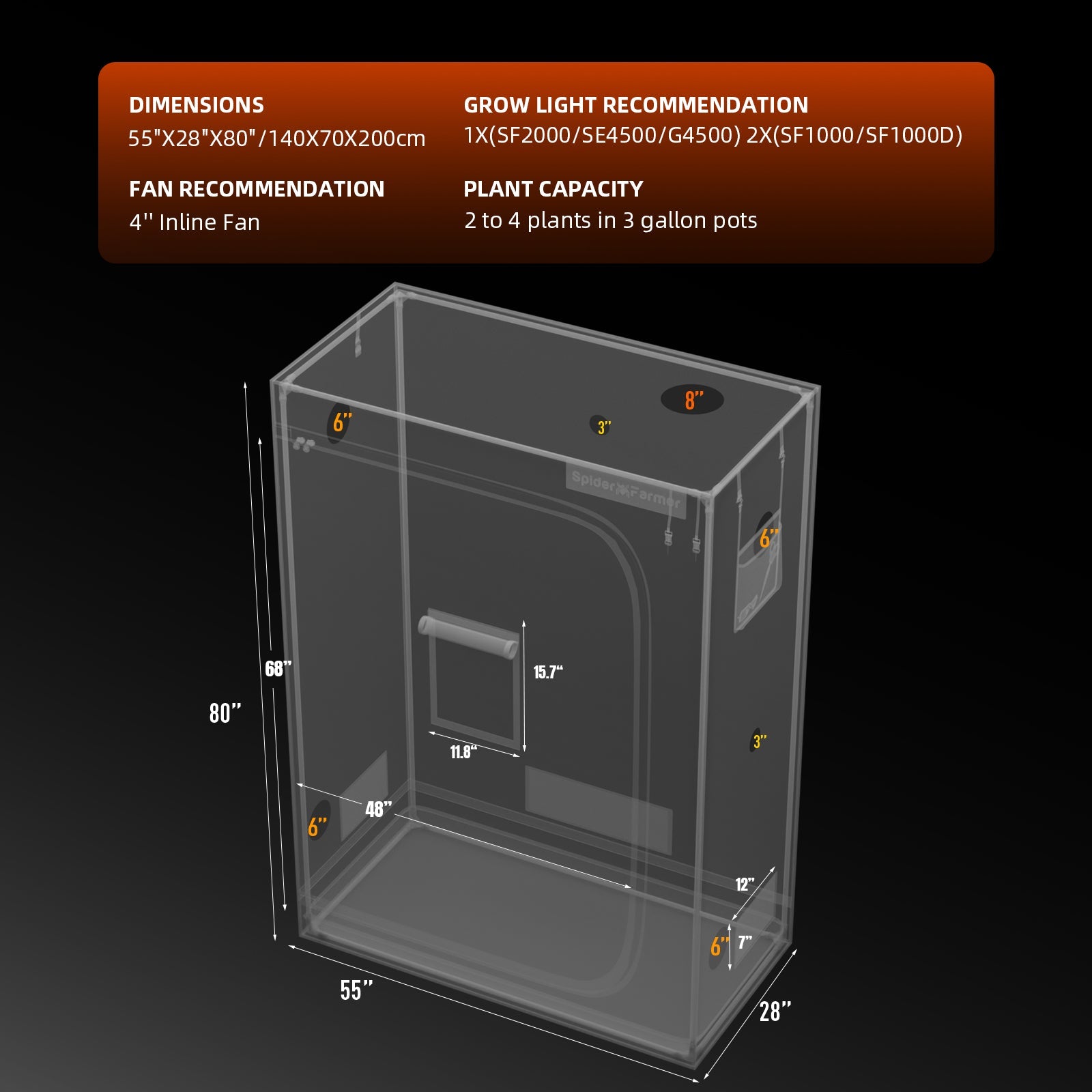 Spider Farmer 4' 8" x 2' 4" x 6' 8" (140 x 70 x 200 cm) Indoor Grow Tent - Midwest Grow LLC