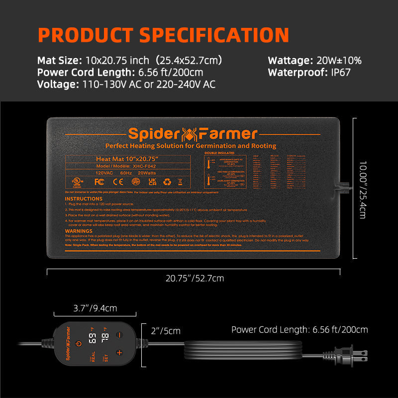 Spider Farmer 10" x 20.75" Seedling Heat Mat and Controller Set - Midwest Grow LLC