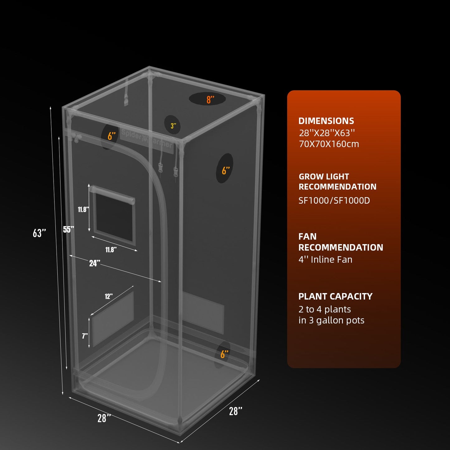 Spider Farmer 2' 4" x 2' 4" x 5' 4" (70 x 70 x 160 cm) Indoor Grow Tent - Midwest Grow LLC