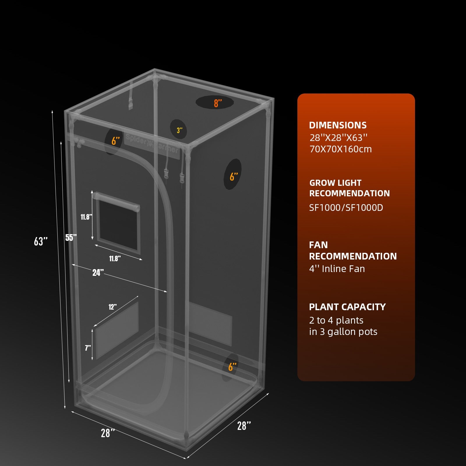 Spider Farmer 2' 4" x 2' 4" x 5' 4" (70 x 70 x 160 cm) Indoor Grow Tent - Midwest Grow LLC