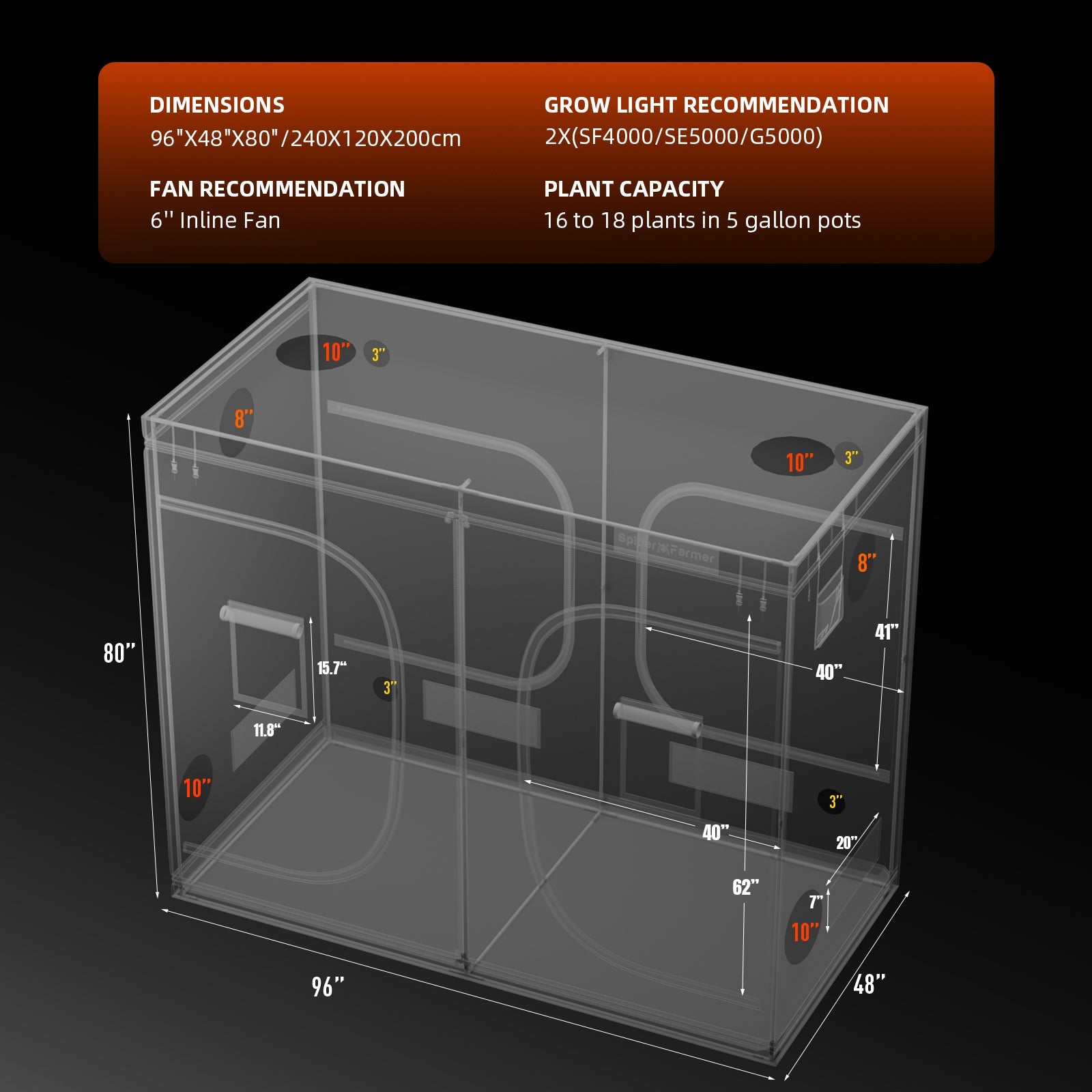 Spider Farmer 4' x 8' x 6' 8" (120 x 240 x 200 cm) Indoor Grow Tent - Midwest Grow LLC