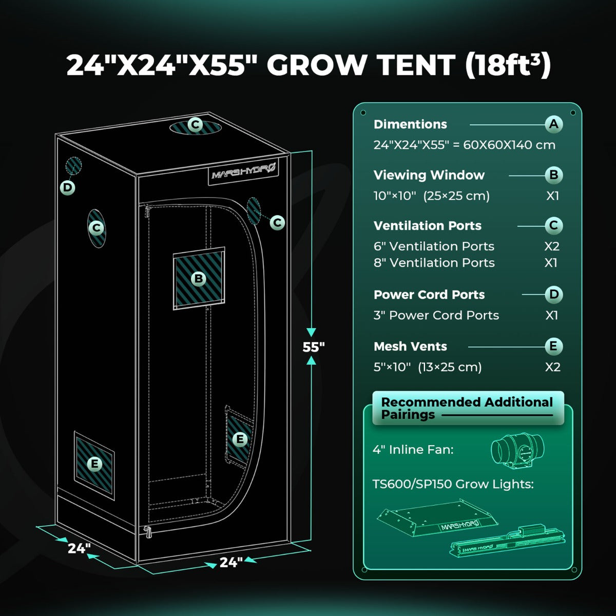 Mars Hydro TS 600 LED Grow Light + 2' x 2' Grow Tent + Inline Fan Combo with Speed Controller - Midwest Grow LLC