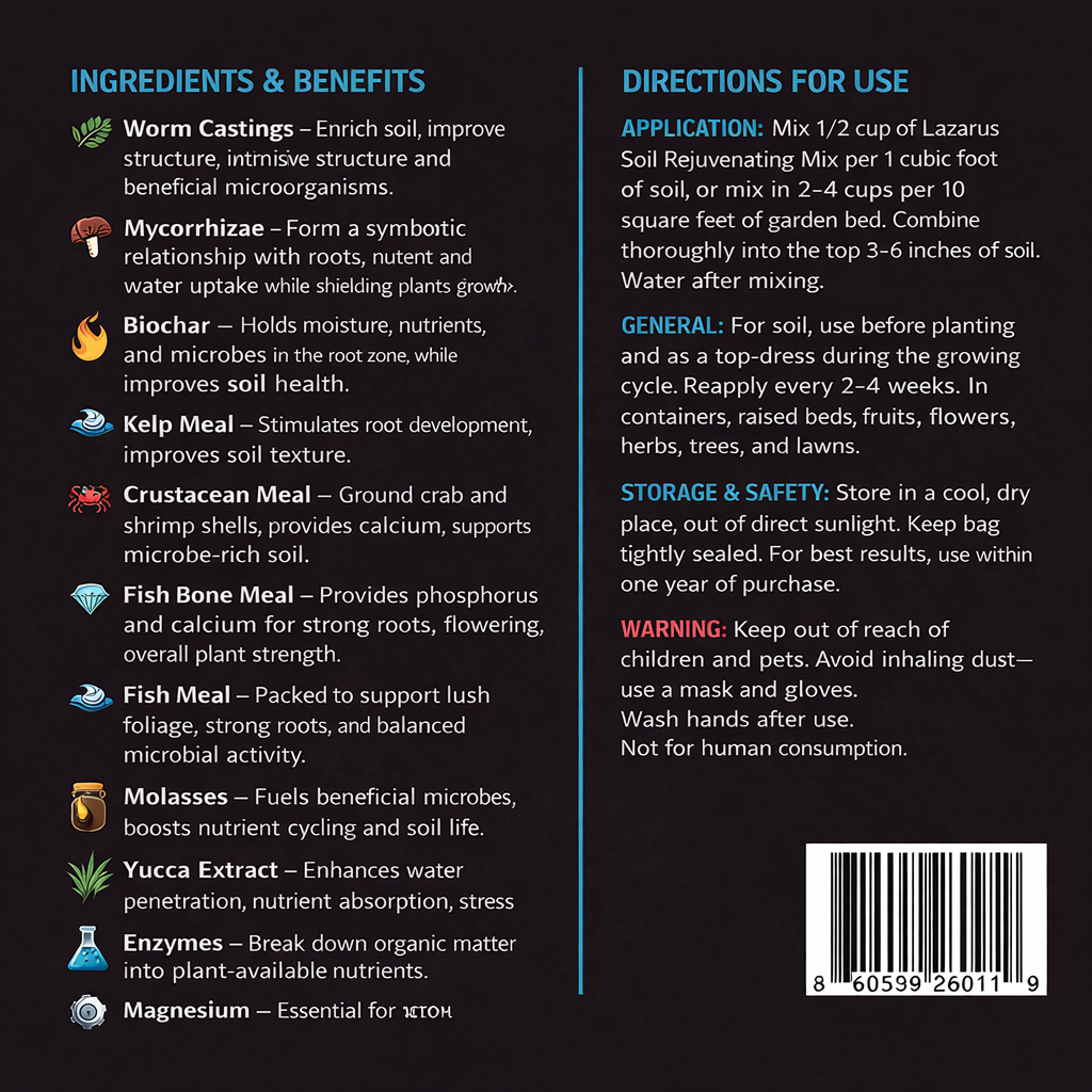 Lazarus Soil Rejuvenating Mix ingredients, benefits & usage guide for hydroponics and indoor gardening