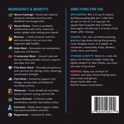 Lazarus Soil Rejuvenating Mix ingredients, benefits & usage guide for hydroponics and indoor gardening