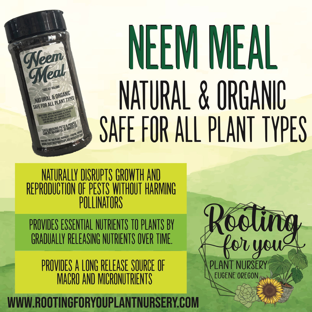 Neem Meal - 16oz by Volume Shaker - Vegan - Organic - Oregon Licensed Nursery - Can be used with all soil types