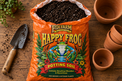 AI-generated illustration of an open Happy Frog potting soil bag with a trowel and terracotta pots; packaging and contents may differ.