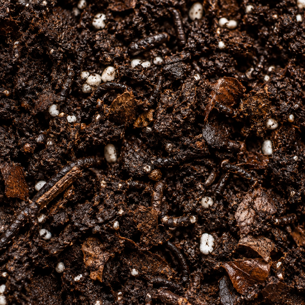 AI-generated illustration of dark potting mix with white particles and organic material, not actual product contents.