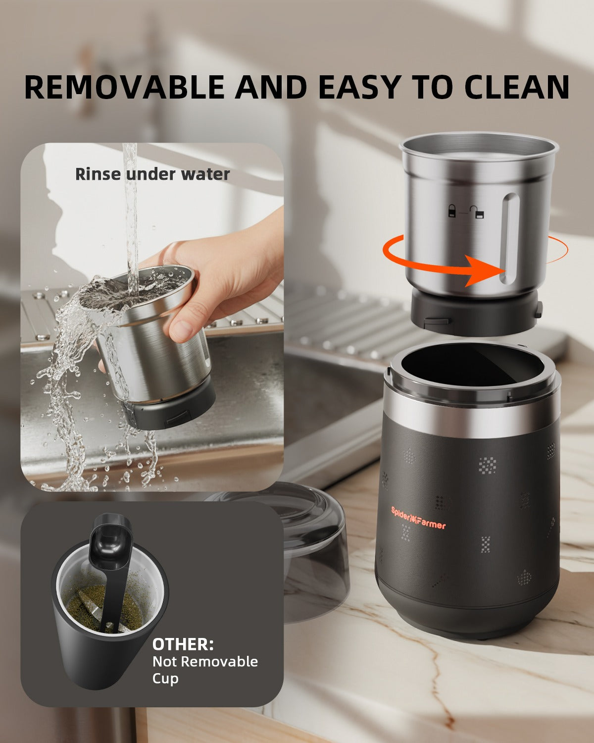 Spider Farmer Electric Herb & Spice Grinder with Removable Stainless Steel Bowl
